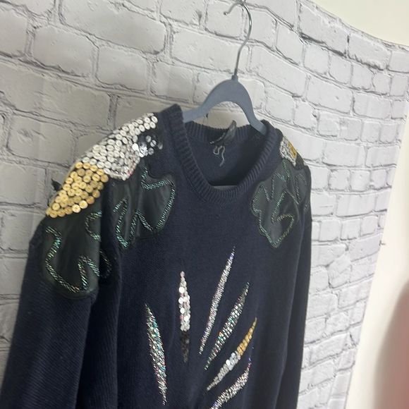 Vintage Pierre Cardin sweater sequins beaded patches navy blue size 40 - Picture 8 of 14
